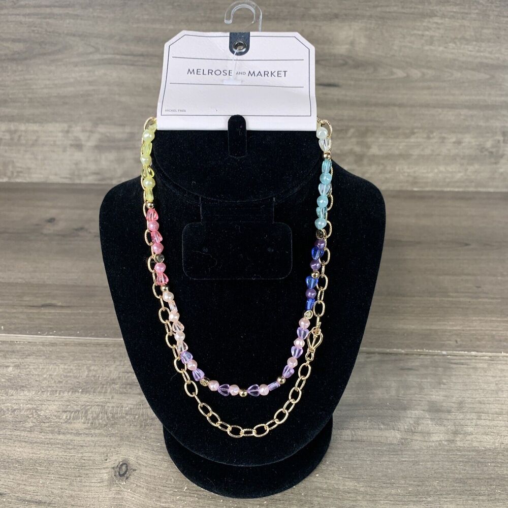 Melrose and Market Layered Necklace Set Gold Tone Chain Beaded Multicolor